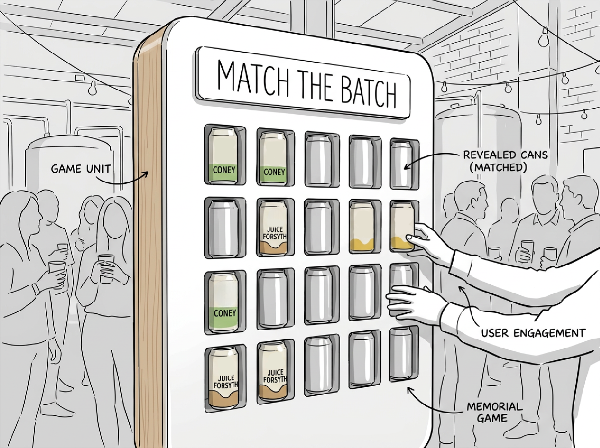 Annotated concept sketch of the Match the Batch game unit