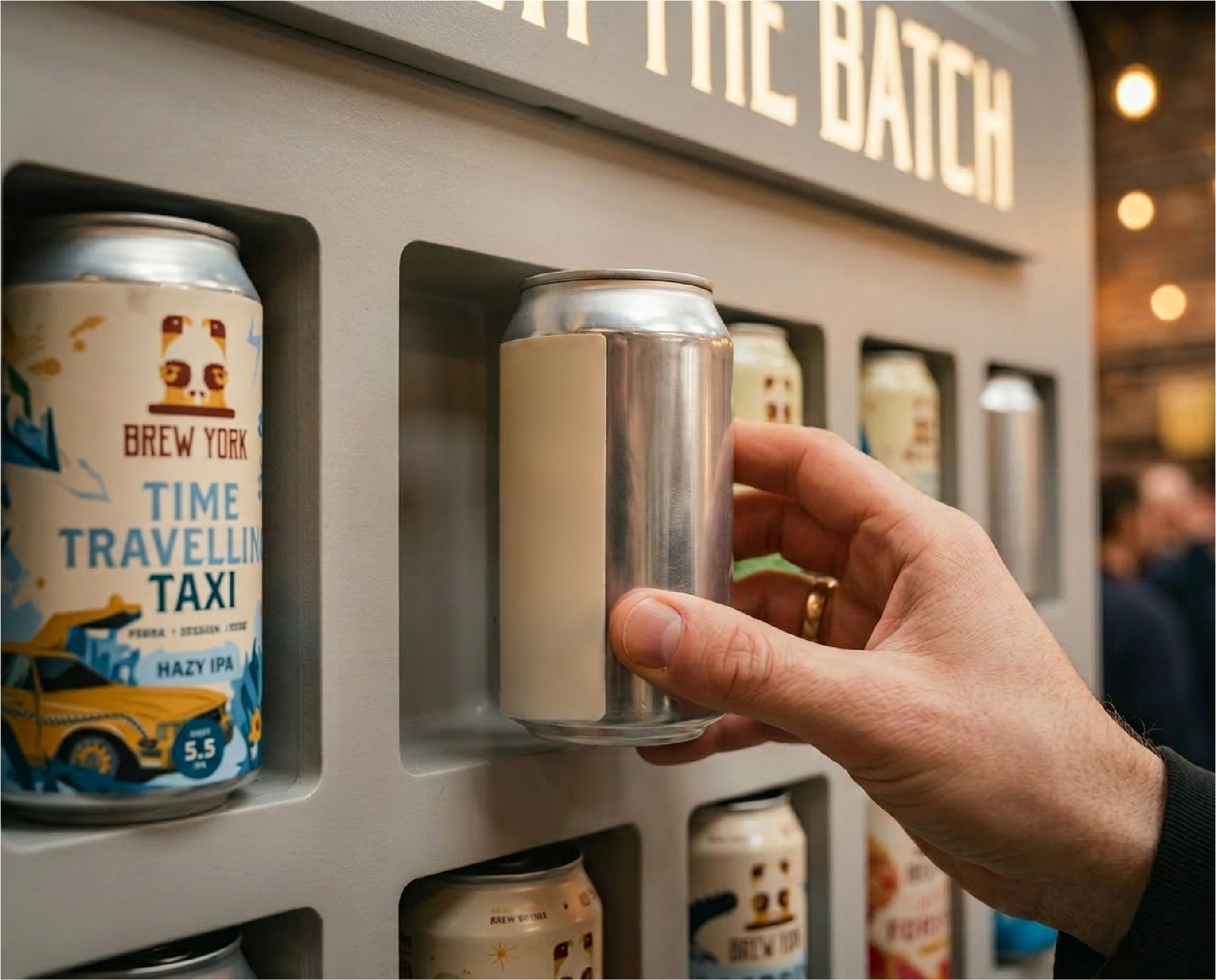Close-up of a hand lifting a Brew York can from the game wall