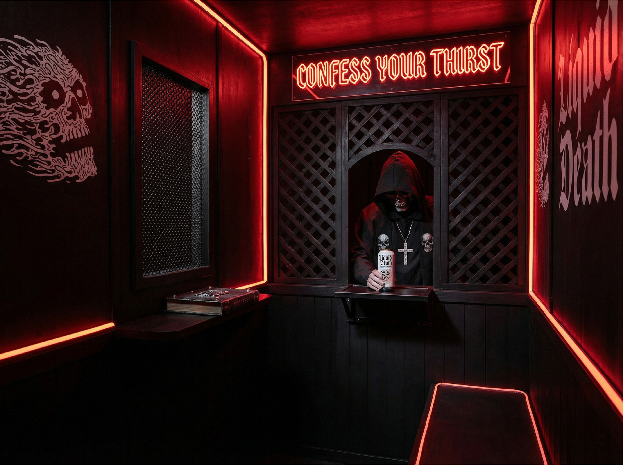 Inside the booth: a hooded priest handing over a can under red neon