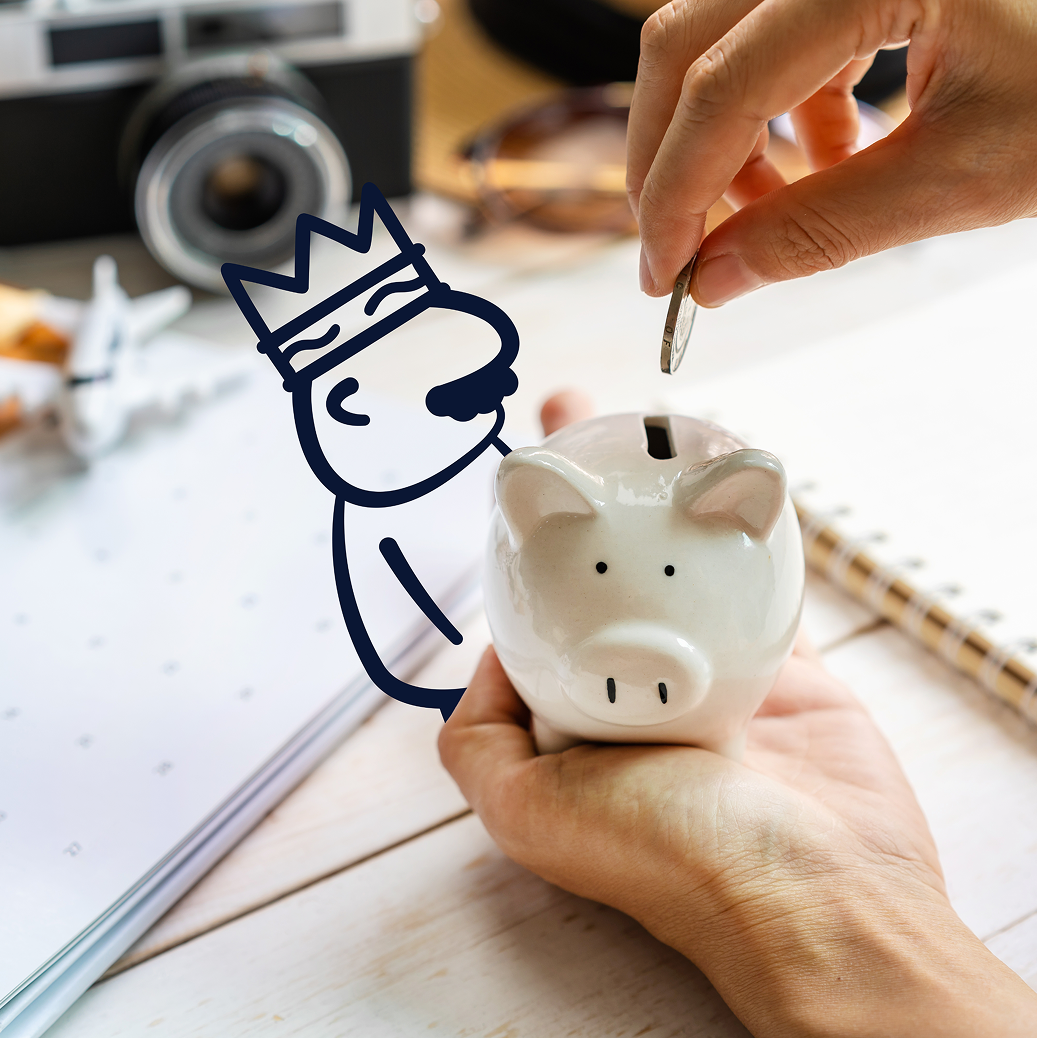 Geoff mascot with piggy bank