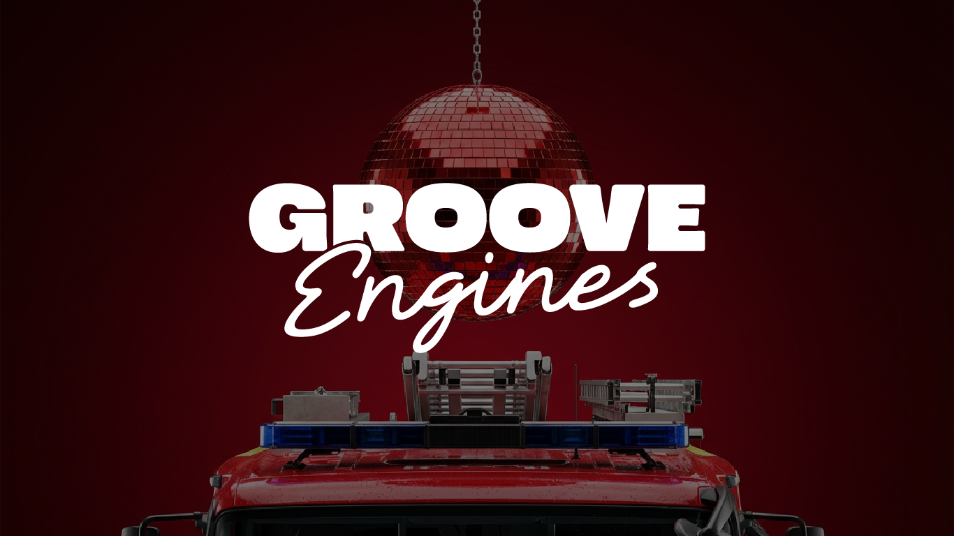Groove Engines wordmark hanging under a red disco ball above the truck